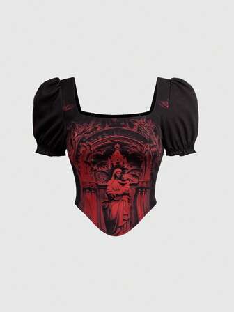 Goth Blusa con maniche a sbuffo, scollo basso, allacciatura incrociata, stampa di chiese e in stile gotico medievale, colori a contrasto