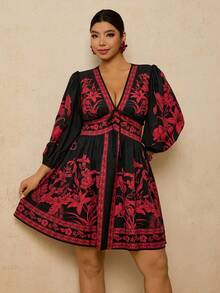 Travachic 大码女式碎花连衣裙，V领A字裙，七分袖短款连衣裙，适合早春浪漫约会旅行 - 彩色 - 查看 7