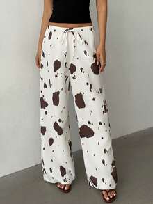 Aloruh 女士新款奶牛纹低腰阔腿裤，Y2K街头风奶牛纹长裤，奶牛纹波西米亚风夏季阔腿裤