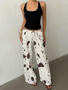 Aloruh 女士新款奶牛纹低腰阔腿裤，Y2K街头风奶牛纹长裤，奶牛纹波西米亚风夏季阔腿裤