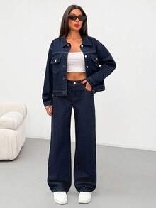 EURMUSE Plus Single-Breasted Regular Fit Casual Style Button Front Dark Blue Raw Wash Jacket & Jean Two Pieces Denim Set - Dark Wash - View 3