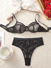 Seduluxe 2pcs/Set Floral Lace Lingerie Set For Women - Black - View 6