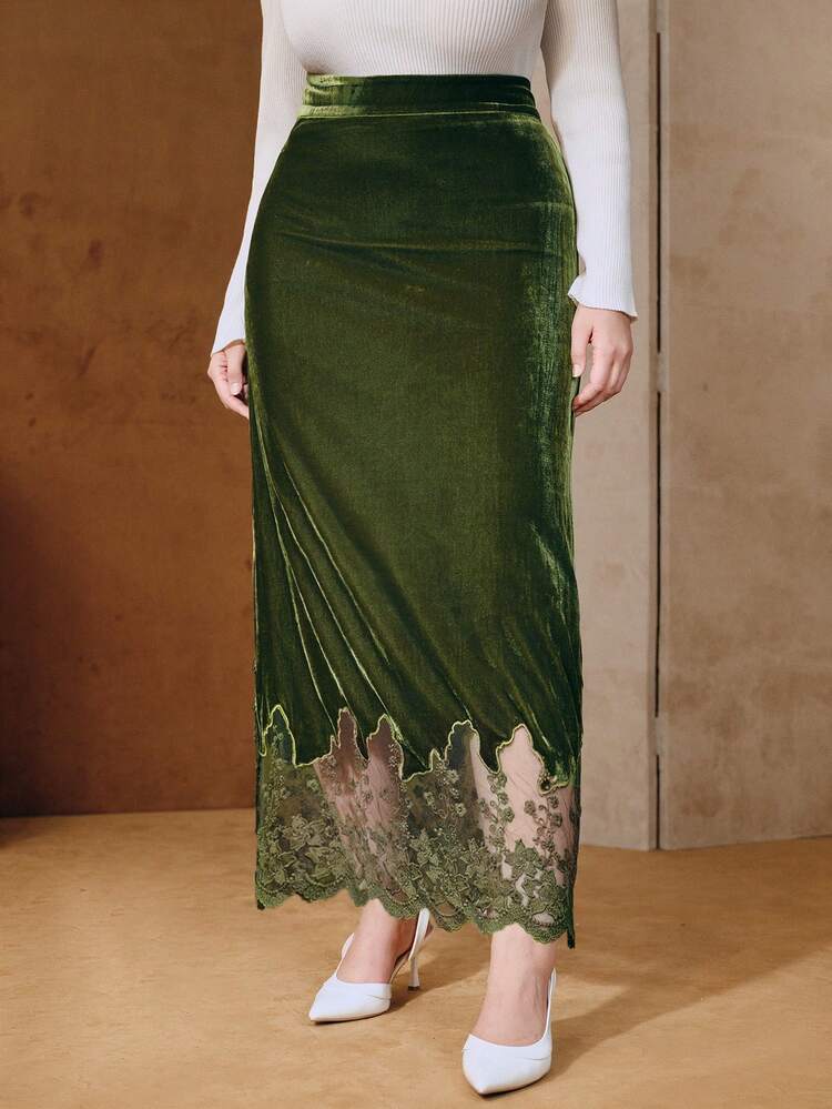 Valentine High Quality Christmas Plus Size Women Lace Embroidered Hem Sexy Slim Fit Skirt