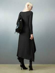 Airlisse Váy dài tay không đối xứng màu trơn đơn giản dành cho nữ, mùa thu - màu đen - Xem 2