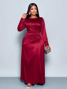 SOLERSUN 女士优雅纯色褶边缎面紧身连衣裙，适合约会派对长款女装 - 酒紅色 - 查看 1