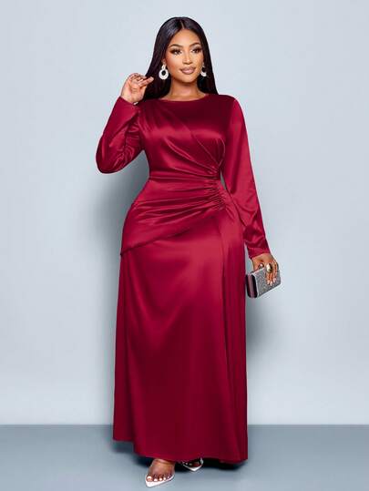 SOLERSUN 女士优雅纯色褶边缎面紧身连衣裙，适合约会派对长款女装