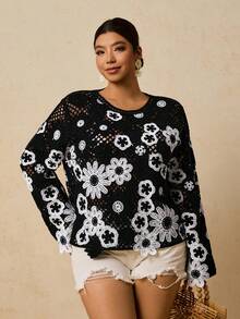 Travachic 加大码黑白镂空钩针长袖针织毛衣，轻薄春季女式上衣，适合海滩度假休闲穿着，黑色上衣，冬季款 - 黑與白 - 查看 5