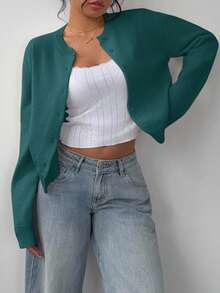 SHEIN BASICS 女士休闲纯色圆领长袖宽松短款黑色开衫，秋冬季校园上衣 - 墨綠色 - 查看 5