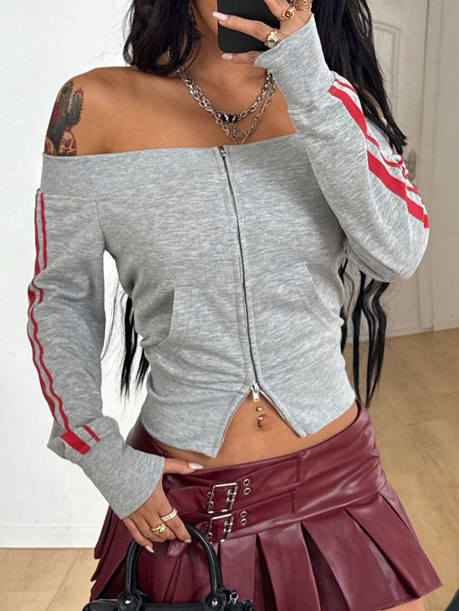 Coolane Women's Winter Streetwear Casual Athleisure Vintage Game Day Back To School Cotton French Grey Off The Shoulder Long Sleeve Zip Up Sweatshirt Coat - Light Grey - View 1