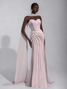 Elitara Women's Elegant Luxurious Deep Red Beaded Embroidered Handmade Drawstring Seashell Collar Slit A-Line Fish Tail Sequin Formal Evening Gown Dress - Baby Pink - View 7