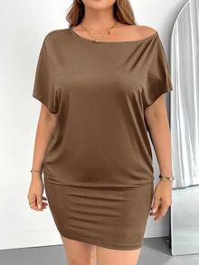 SHEIN Essnce Váy mùa hè cỡ lớn dành cho nữ. Váy đen thường ngày, Váy trễ vai, Váy một vai Váy mùa hè dành cho nữ Váy thường ngày Váy trễ vai, Váy ngắn màu đen Váy đi chơi - Cà phê nâu - Xem 5