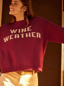 WESTFADE Wine Weather Crew Neck Loose Boxy Fit Pullover Knit Sweater Winter, Boho, Western Wear, Holiday, Christmas, NYE, New Year, Nashville Cowgirl, Casual, Cute - Burgundy - View 5