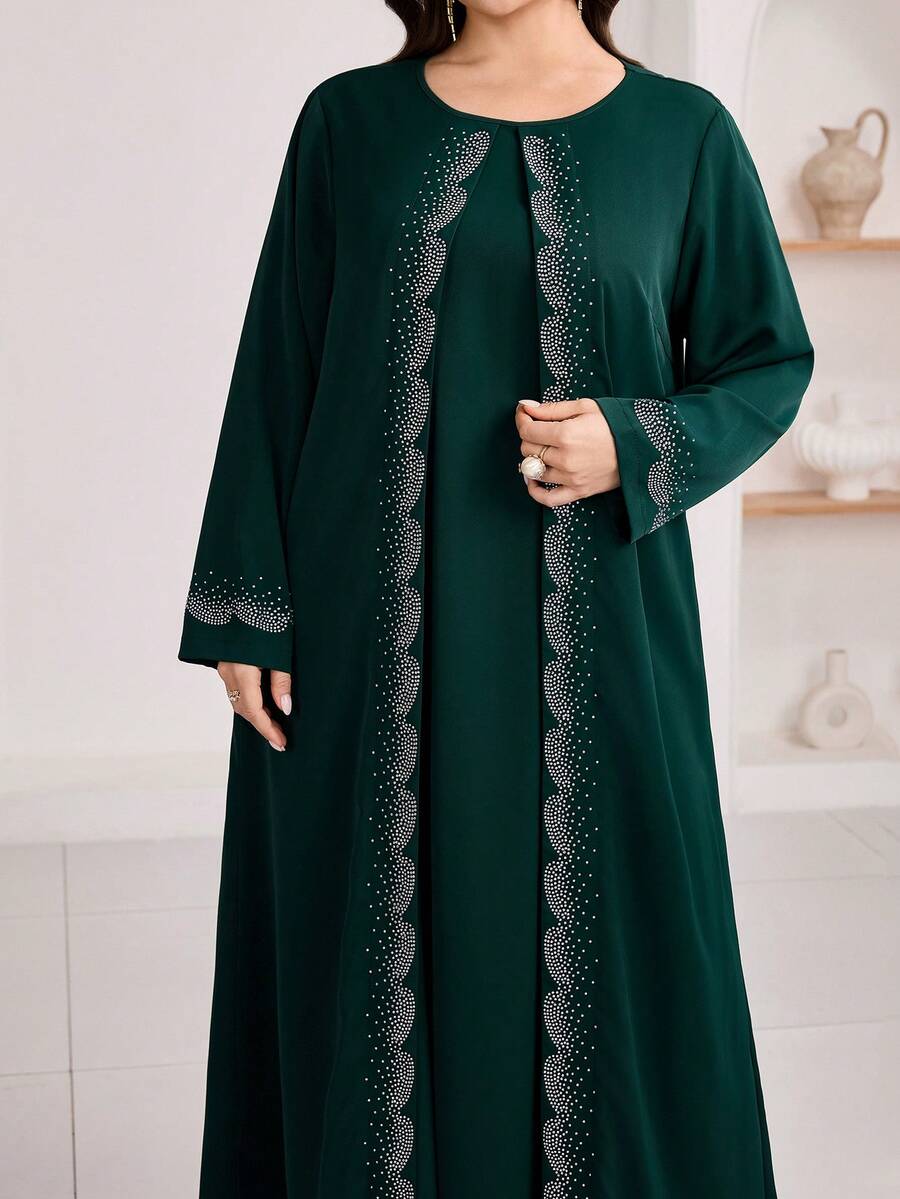 Modelyn 大码女士优雅长袖连衣裙 - 墨綠色 - 查看 1