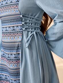 SHEIN 少女蓝色迷雾蓝色亚麻雪纺拼接印花流苏系腰休闲连衣裙，春夏款 - 藍色 - 查看 7