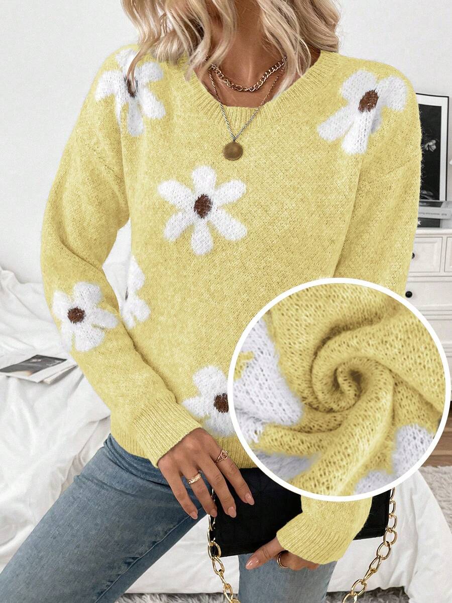 EMERY ROSE Women's Casual Fluffy Flower Pattern Round Neck Drop Shoulder Long Sleeve Knit Pullover Sweater, Autumn/Winter - Pale Yellow - View 1