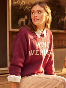 WESTFADE Wine Weather Crew Neck Loose Boxy Fit Pullover Knit Sweater Winter, Boho, Western Wear, Holiday, Christmas, NYE, New Year, Nashville Cowgirl, Casual, Cute - Burgundy - View 1
