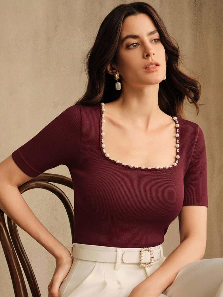 Anewsta New Fashionable Seamless Fitted Rhinestone Embellished Crew Neck T-Shirt - Burgundy - View 1