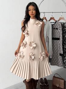 فستان أنيق بدون أكمام مع طوق مندرين وزخرفة زهرية وذيل منبثق للمراهقات - لون مشمشي - مشاهدة 6
