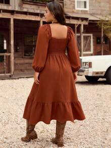 LanaWest CURVE Vestido casual de vacaciones de talla grande para mujer, de unicolor, con bordado, cintura con cordón, manga larga y bajo con volantes hasta la pantorrilla - Naranja Quemada - Ver 2
