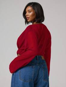 MUSERA Plus Size Cowl Neck Plunge Long Sleeve Chiffon Cropped Top Going Out Spring Summer Holiday - Red - View 4
