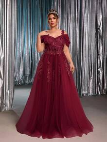 Glamrae Plus Size Elegant Luxurious Cold Shoulder Exquisite Embroidered Mesh Patchwork Waist Applique A-Line Bridal Wedding Dress, Valentine's Day - Burgundy - View 4