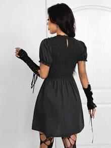 Coolane Dam höst/vinter all-säsong Y2K goth chic rave outfit spets stretchig bekväm rave outfit hög hals puffärm svart kort klänning - Svart - Visa 2