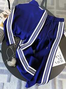 Franclia Fitted Stand Collar Cardigan + Casual Slant Pocket Pants - Blue - View 2