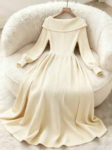 Franclia Women's French V-Neck Knit Dress, Waist Cinched Flared Skirt, Elegant And Gentle,Winter Clothes For Women, Winter Dress,Suitable For Parties And Dates,New Year Dress,New Year Clothes,New Year's Eve Dress,New Year Outfit,White Outfit For New Year's Eve,White Outfit For New Year's Eve,Suitable For Multi-Occasion Wear,Office Commute, Daily Dates, Afternoon Tea, Casual Dresses For Women, Elegant Dresses For Women,Elegant Dress For Women, Elegant Dresses For Party Cream Elegant Dress Long Sleeve Elegant Dress Luxury Dress For Women