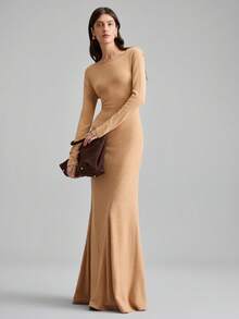 Ontre 女士纯色修身长袖连衣裙，都市时尚商务休闲优雅百搭连衣裙，适合日常穿着、派对、聚会、夏季约会 - 棕色 - 查看 6