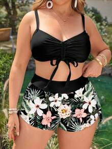 Swim Lushoire 2026 女士夏季沙滩比基尼，热带树叶撞色设计，抽绳易穿脱比基尼套装，含泳裤，适合度假、沙滩穿着，女士夏季泳装，大码泳衣套装，女士度假服装，女士大码比基尼，优雅女士沙滩泳装，女士比基尼 - 黑色 - 查看 1