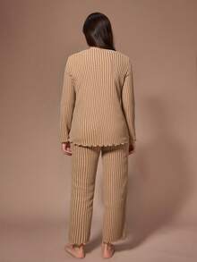 Lazeform Plus Size Women Gentle Knit Striped Long Sleeve Top And Pants Pajama Set - Brown - View 2