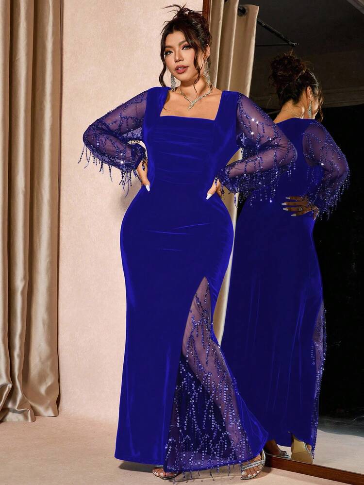 shein purple velvet dress SHEIN Cottnline Women's Velvet Deep V-neck Long Sleeve High Slit Dress,  Purple
