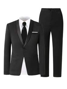 Young Men Black Regular Sleeve Lapel Neckline Graphic Polyester Suit For Everyday Casual Occasions - Black - View 3