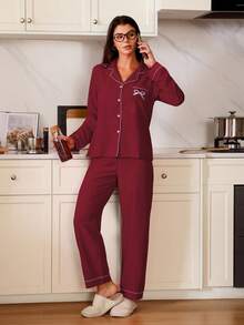 SHEIN 撞色滚边纯色领口蝴蝶结刺绣口袋女士睡衣套装 - 酒紅色 - 查看 4