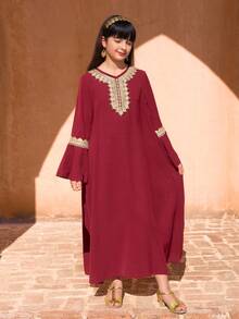 Women & Teenage Girls' Robe: Burgundy Base With Golden Lace Embroidery, V-Neck + Flare Sleeves, Elegant & Vintage, Suitable For Traditional Arab Clothing, Abaya, Ramadan Family Gatherings - Red - View 9
