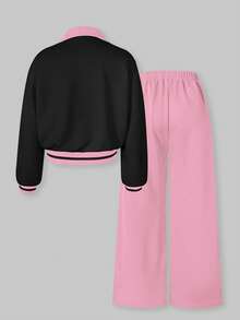 SHEIN ChillGRL HYPEME 少女休闲舒适字母印花纽扣领棒球夹克，条纹阔腿裤两件套，秋冬款 - 淺粉色 - 查看 2