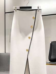 SHEIN PETITE 白色高腰飘逸开叉裙，时尚显瘦，适合秋冬