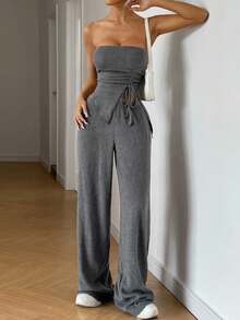 SHEIN EZwear 2 chiếc áo crop top và quần rút dây bên hông màu trơn thời trang mùa hè cho nữ - Xám - Xem 3