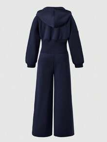 SHEIN 女童白色和灰色连帽拉链休闲运动卫衣和高腰羊毛裤套装 - 寶藍色 - 查看 2