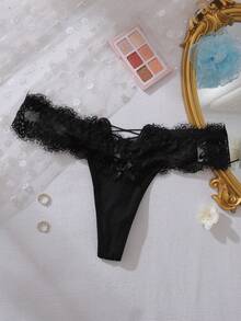 Solid Color Hollow Romantic Lace Splicing Thong - Black - View 6