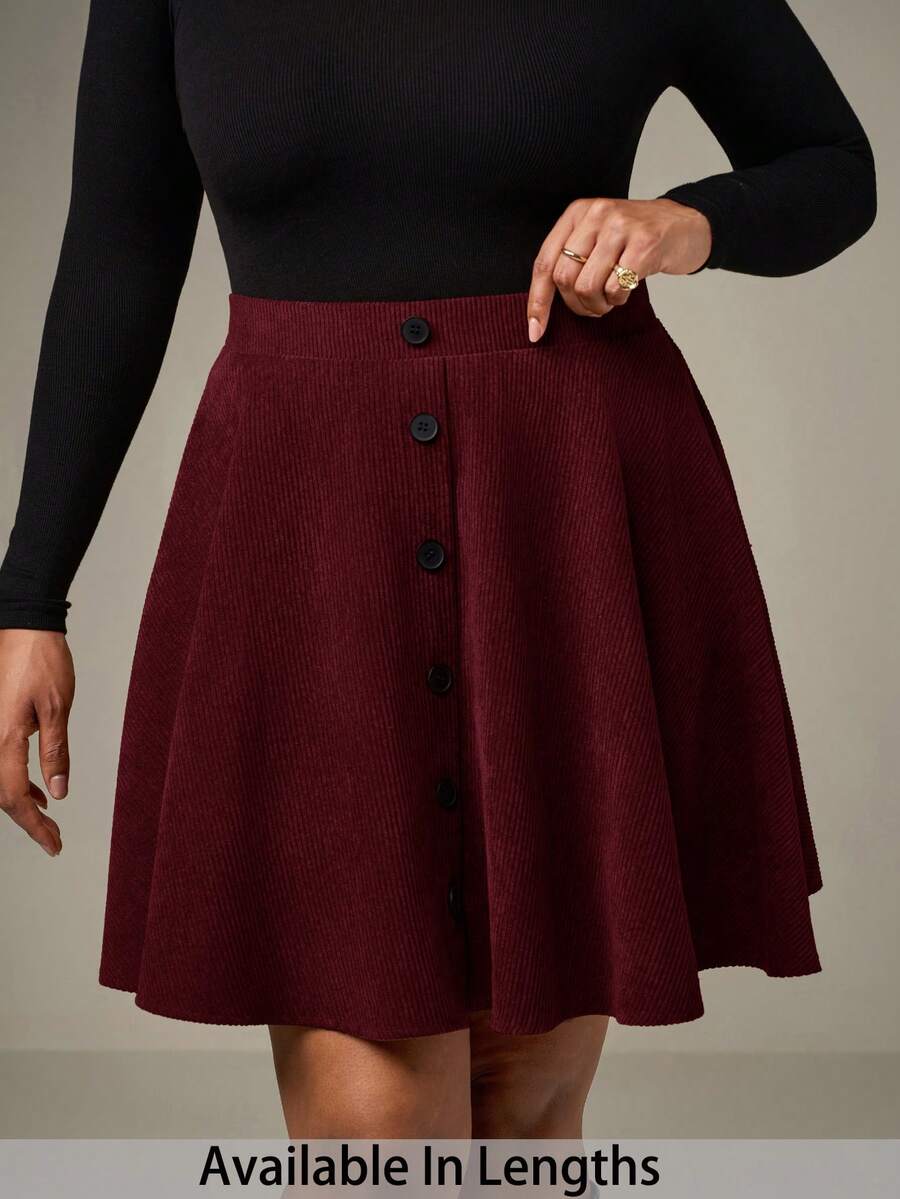 SHEIN Tall CURVE Chân váy chữ A tối giản màu trơn cỡ lớn cài nút phía trước, mặc thường ngày - Màu Đỏ Sâu - Xem 1