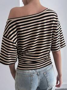 Livesso Women's Loose Casual Striped Patchwork Oblique Collar Short Sleeve Top, Elegant Street Style For Spring, Summer, Autumn - Black and White - View 5