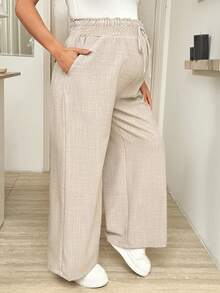 SHEIN 可调节腰带口袋时尚百搭孕妇阔腿裤 - 卡其色 - 查看 4