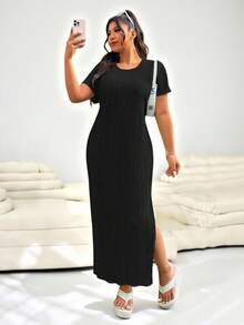 Solflare Plus Size Casual Solid Color Side Slit Loose Dress, Spring,Graduation Dress - Black - View 1