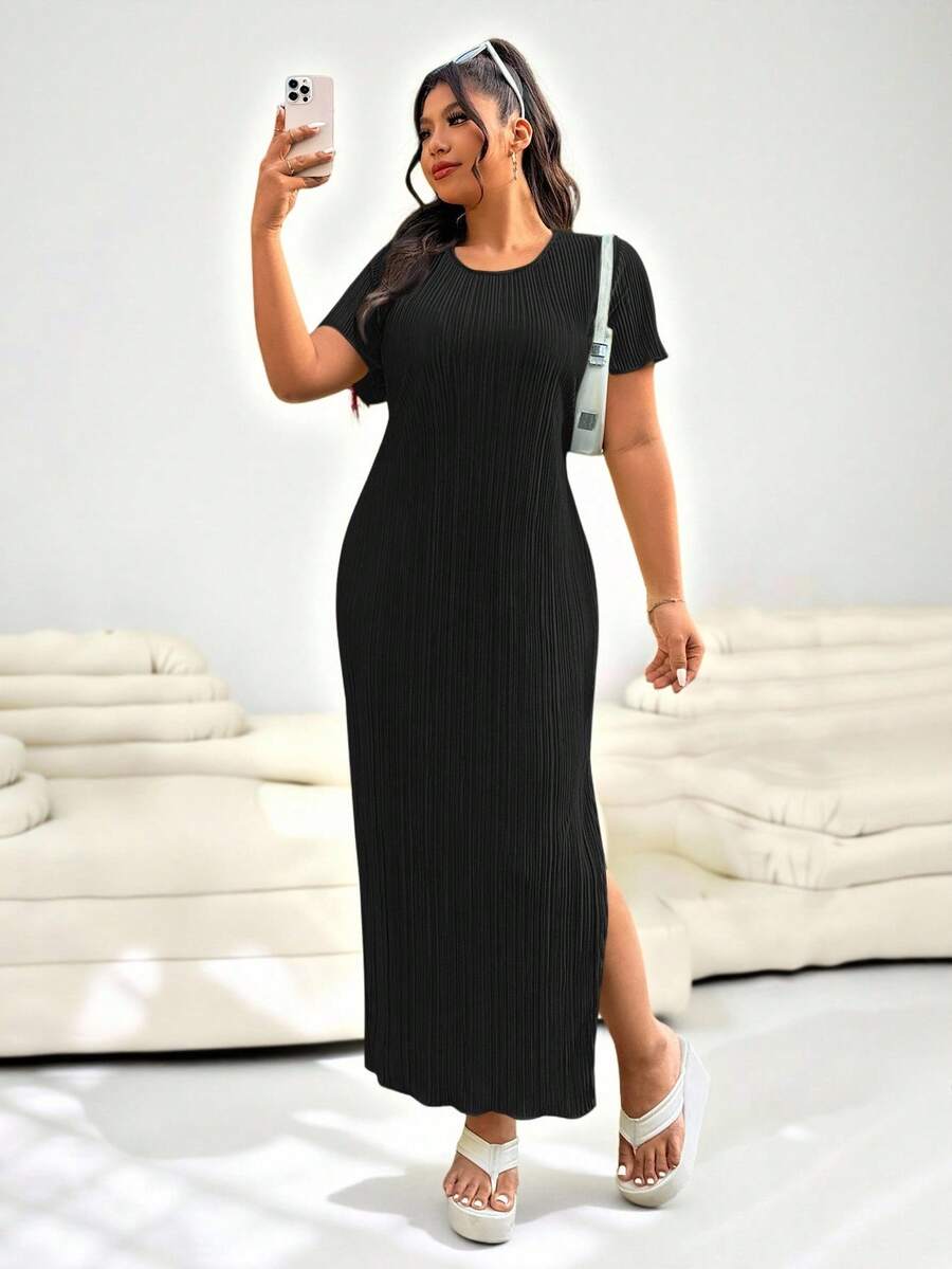 Solflare Plus Size Casual Solid Color Side Slit Loose Dress, Spring,Graduation Dress - Black - View 1