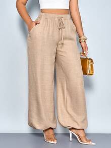 SOLERSUN Women's Elegant Versatile Tapered Harem Cuffed Pants With A Relaxed Fit ,Flowey Wide-Leg Harem Pants With Elastic Cuffs,Women Office Wear Women Versatile Work Pants Going Out Outfits - Khaki - View 3