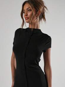 MUSERA Mock Neck Button Through Fitted Short Sleeve Cute Casual 90's Y2k Maxi Dress For Spring Summer Vacation Holiday Festival Concert Fall Night Out Wedding Guest Elegant Date Night Fall Valentines Long Dress - Black - View 5