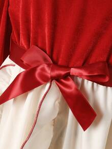 SHEIN Girls' Holiday Burgundy Patchwork Bow Decor Dress - Burgundy - View 5