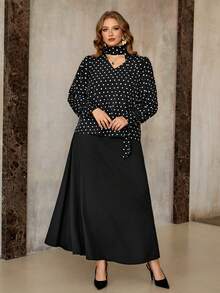 Roveilla 大码波点编织上衣和黑色半裙两件套，秋冬季休闲装 - 黑色 - 查看 5