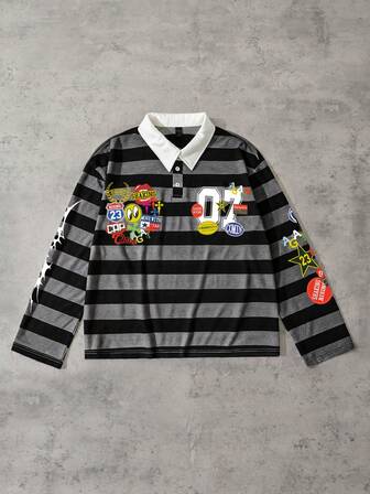 Street Life Men's Casual Striped Loose Fit Cartoon Print Long Sleeve Polo Shirt